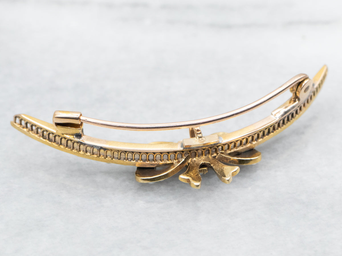 Art Nouveau Crescent Moon Seed Pearl Bow Brooch
