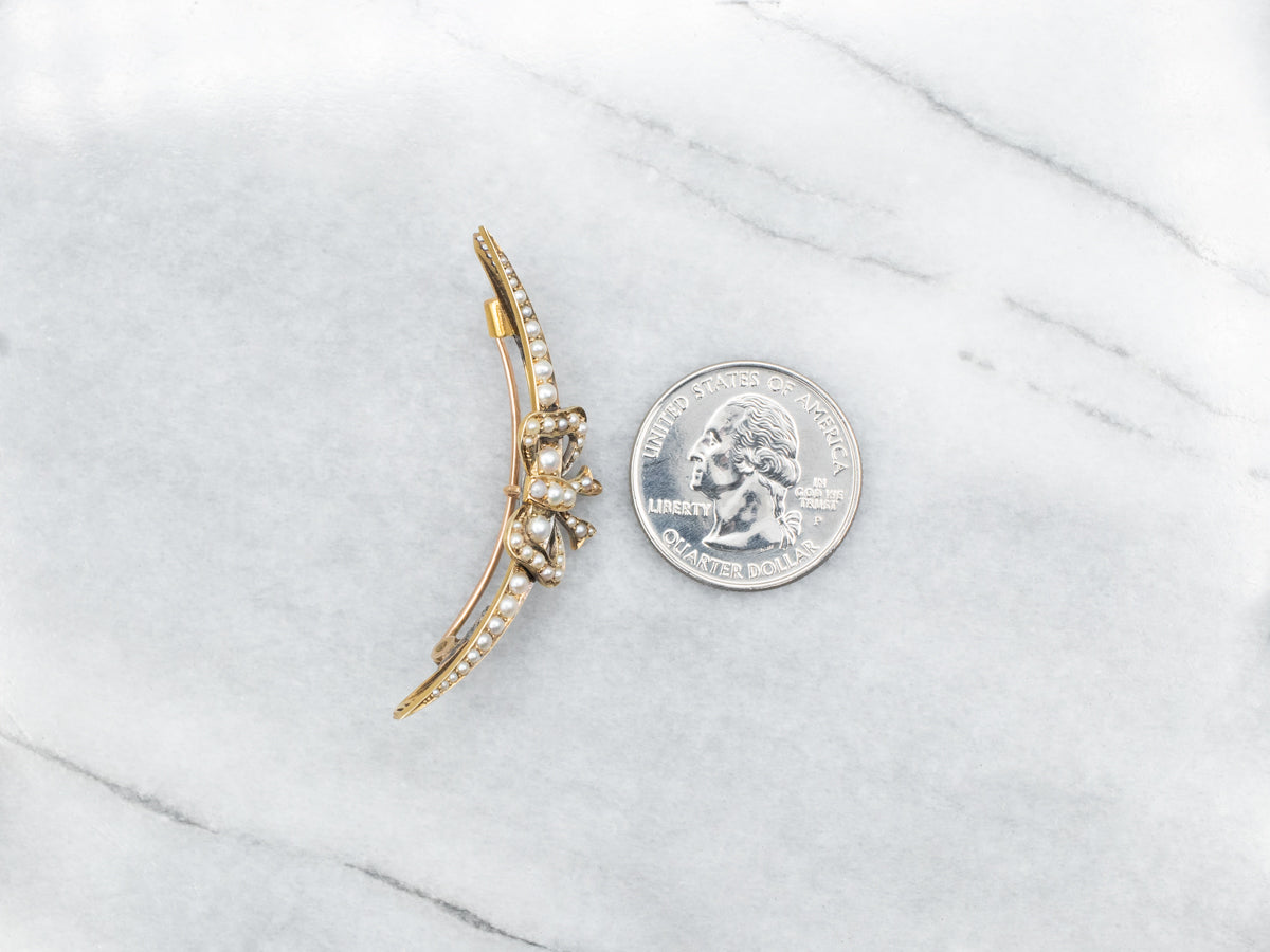 Art Nouveau Crescent Moon Seed Pearl Bow Brooch