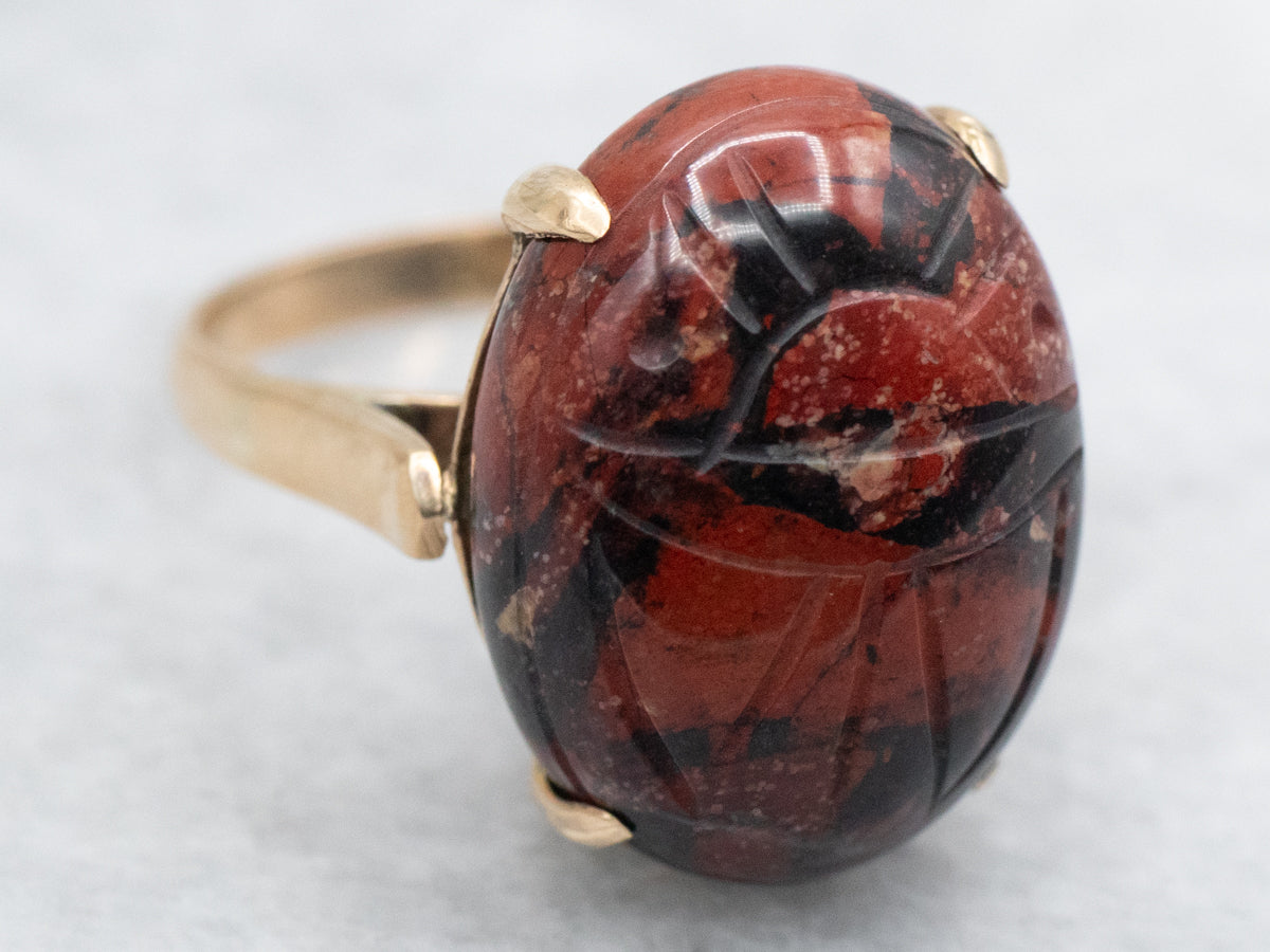 Vintage Carved Jasper Scarab Beetle Ring