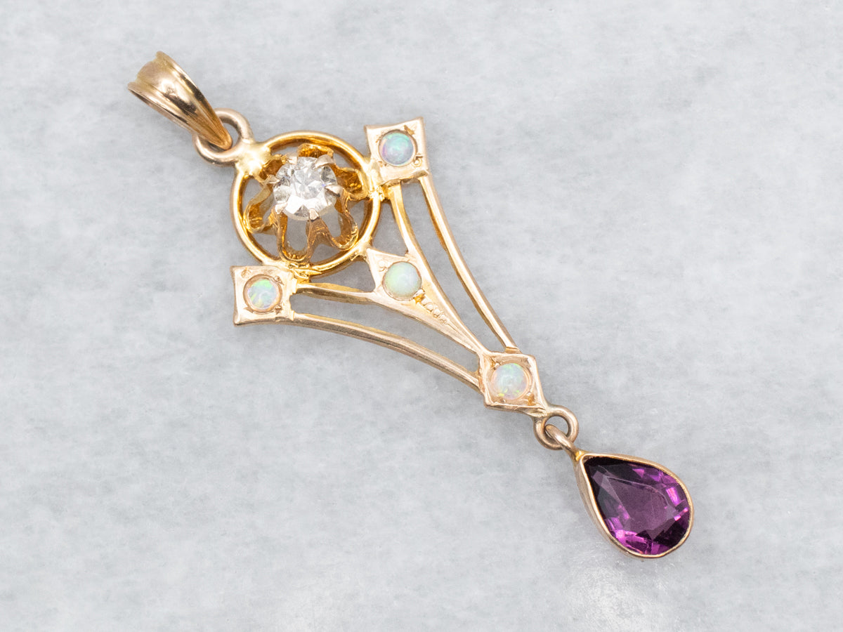 Lovely Old Mine Cut Diamond Opal and Antique Glass Lavalier Pendant