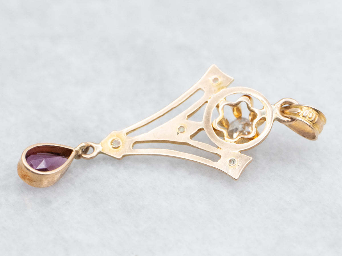 Lovely Old Mine Cut Diamond Opal and Antique Glass Lavalier Pendant