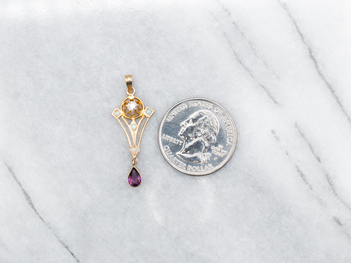 Lovely Old Mine Cut Diamond Opal and Antique Glass Lavalier Pendant