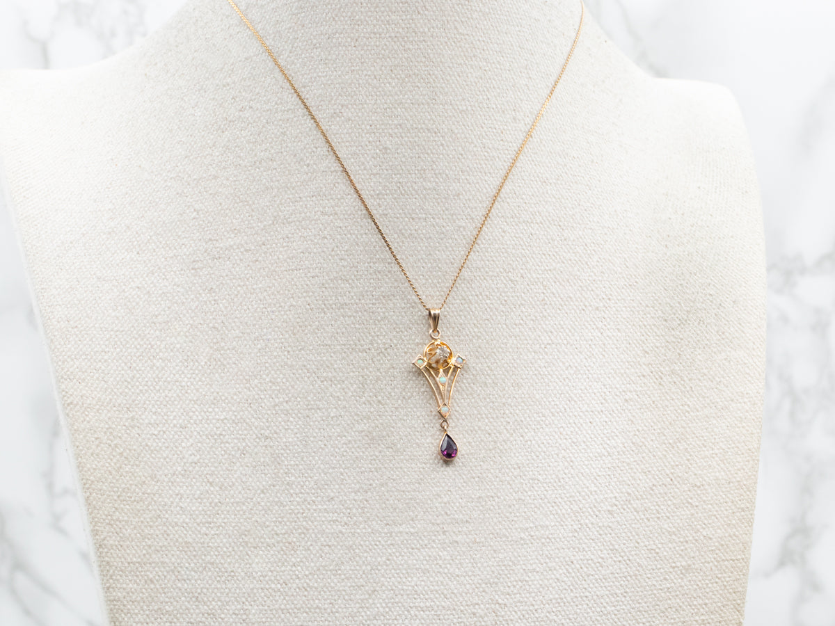 Lovely Old Mine Cut Diamond Opal and Antique Glass Lavalier Pendant