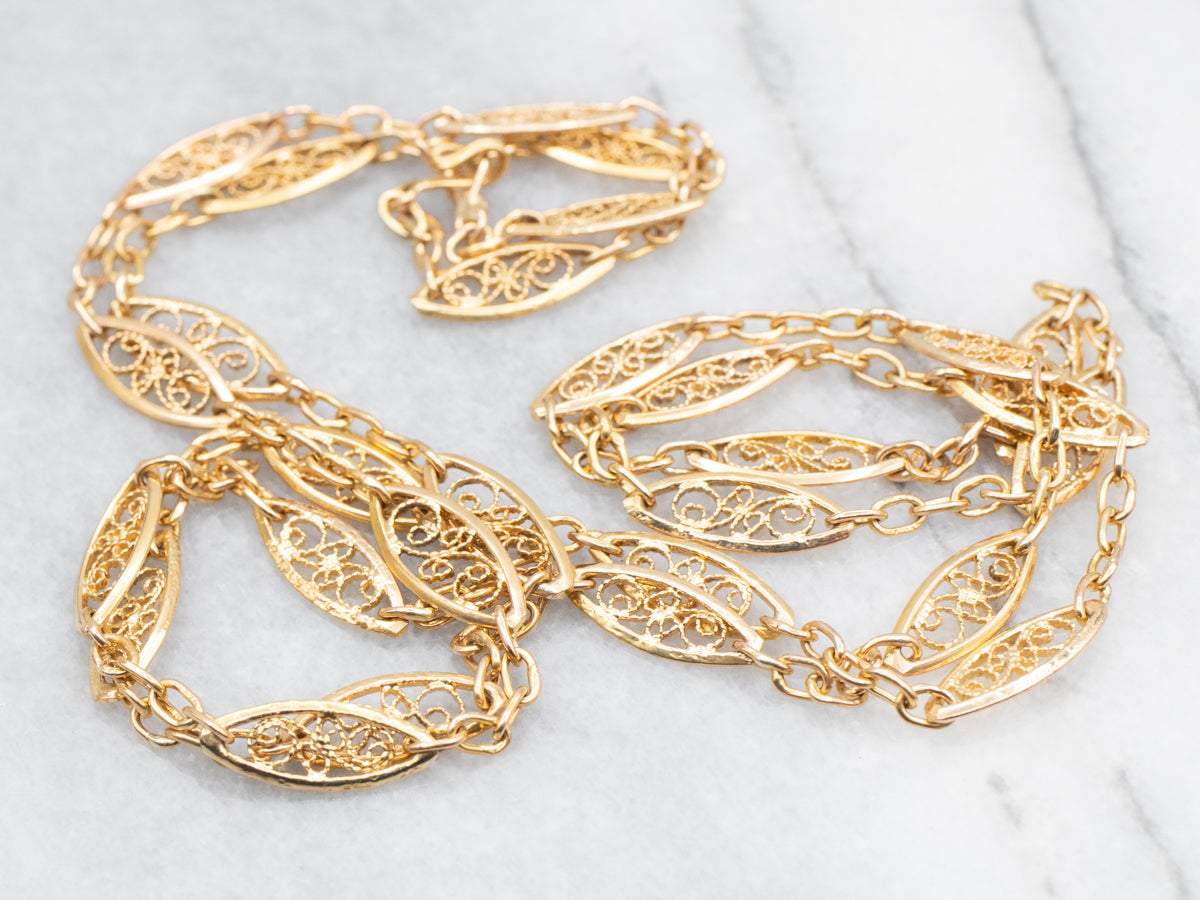 Long Scrolling Gold Filigree Link Chain