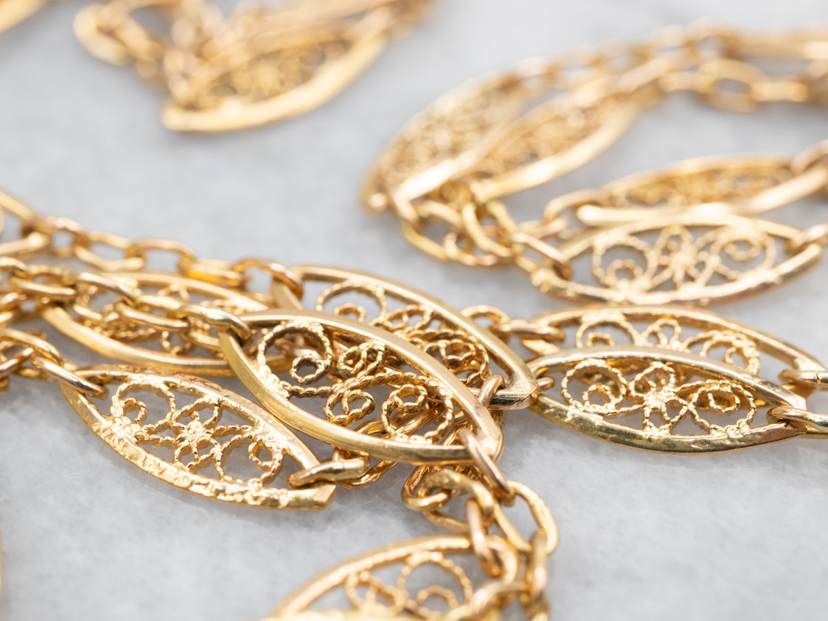 Long Scrolling Gold Filigree Link Chain