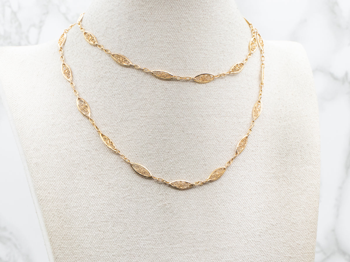 Long Scrolling Gold Filigree Link Chain