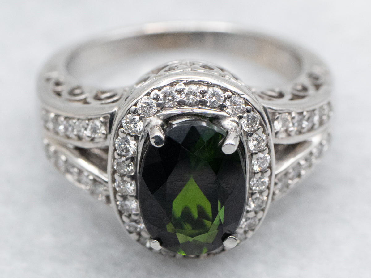 Modern Green Tourmaline and Diamond Halo Split Shank Ring