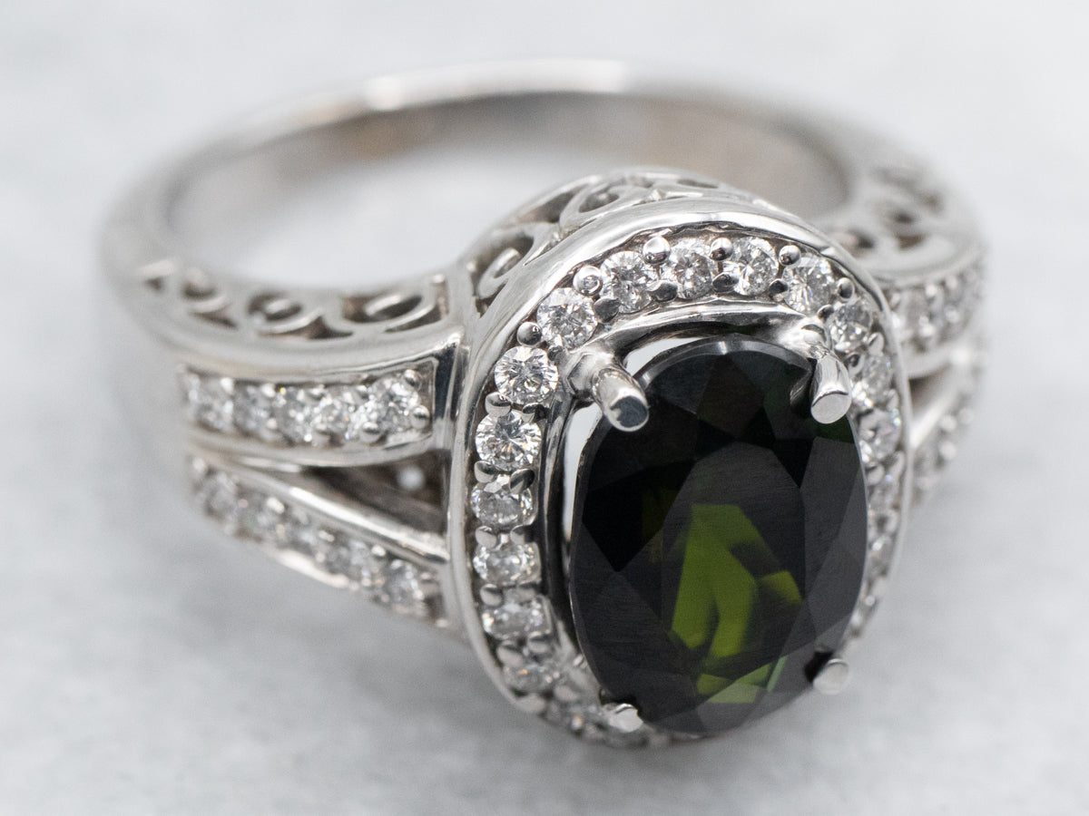 Modern Green Tourmaline and Diamond Halo Split Shank Ring