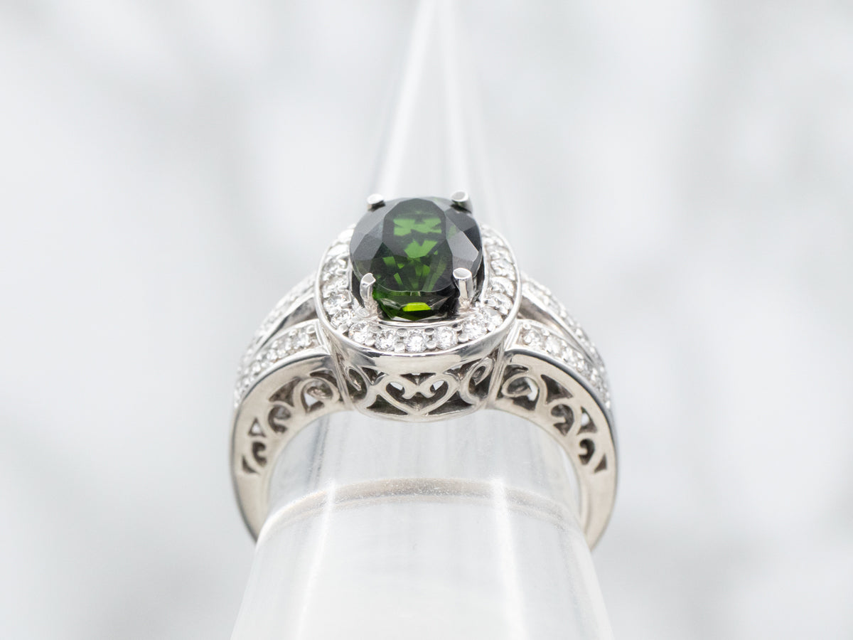 Modern Green Tourmaline and Diamond Halo Split Shank Ring