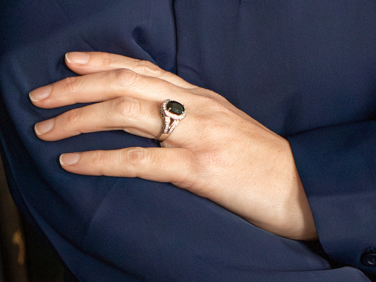 Modern Green Tourmaline and Diamond Halo Split Shank Ring