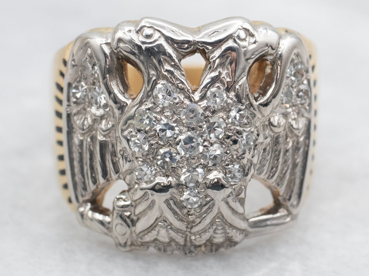 Mid-Century Diamond Double Headed Eagle Masonic Ring