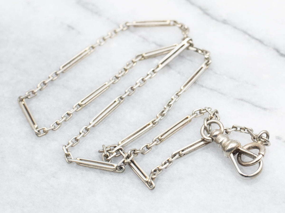 White Gold Bar Link Watch Chain with Dog Clip