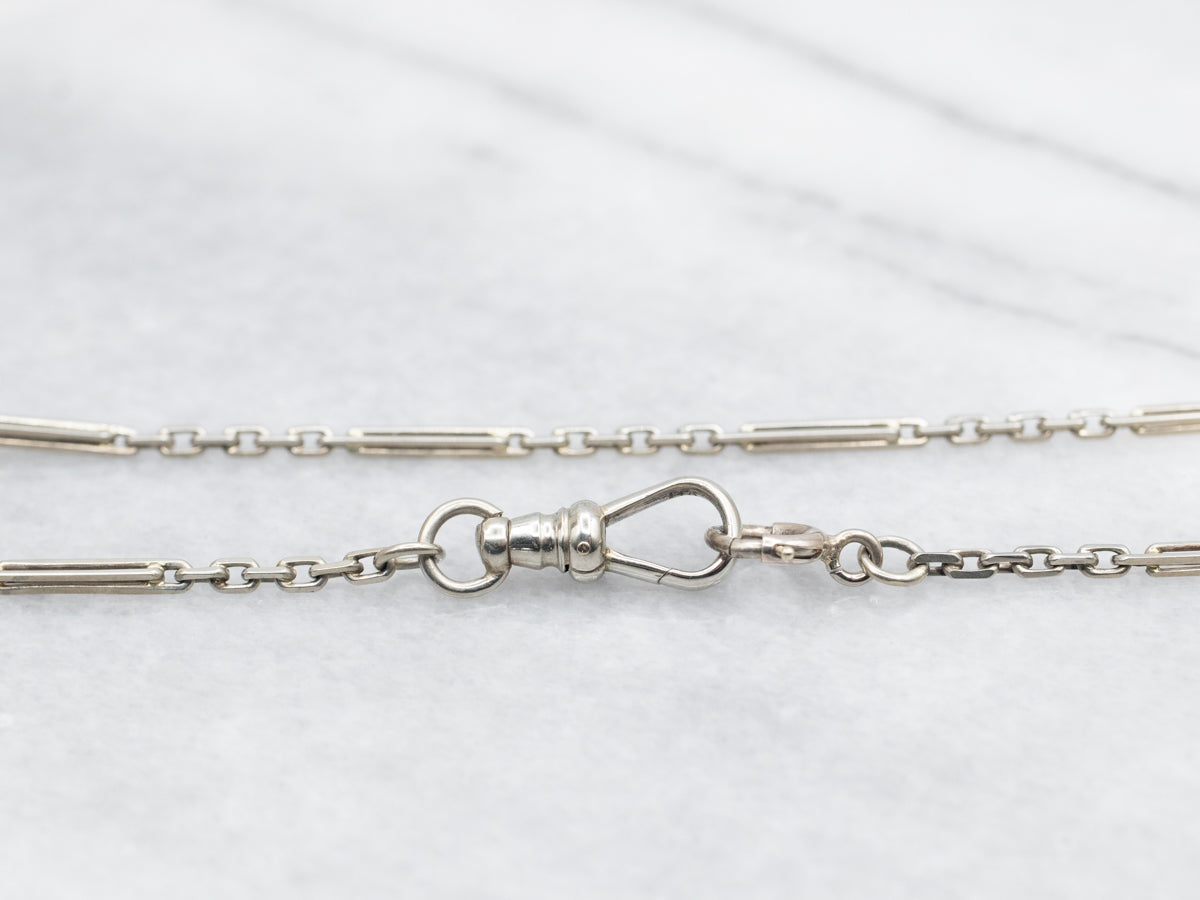 White Gold Bar Link Watch Chain with Dog Clip