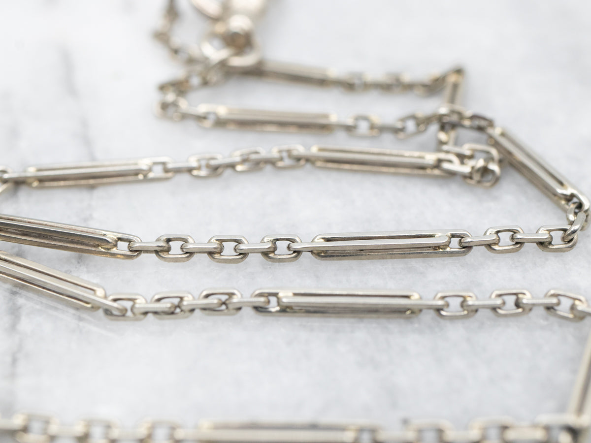 White Gold Bar Link Watch Chain with Dog Clip