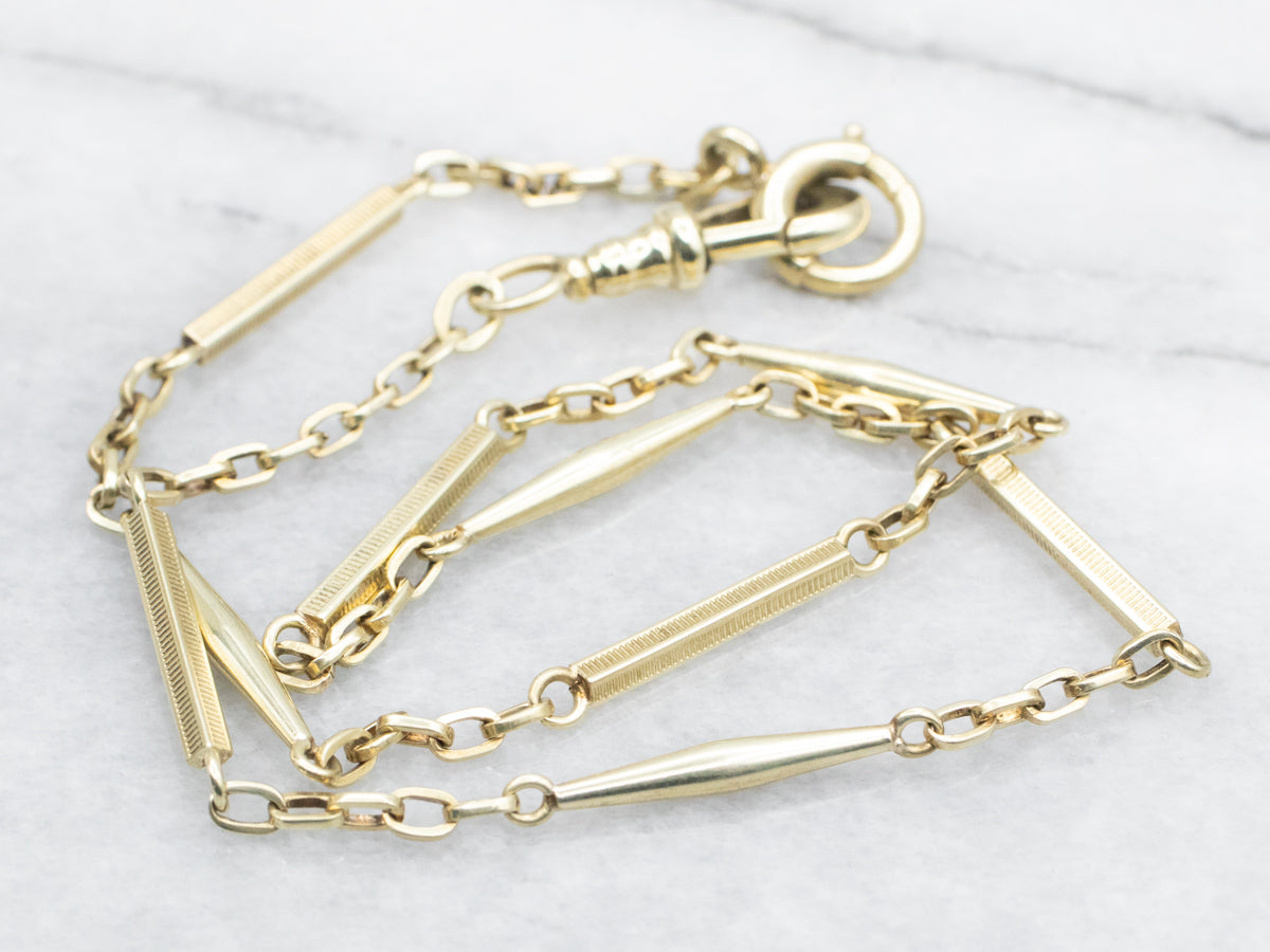 Yellow Gold Bar Link Watch Chain with Dog Clip Clasp
