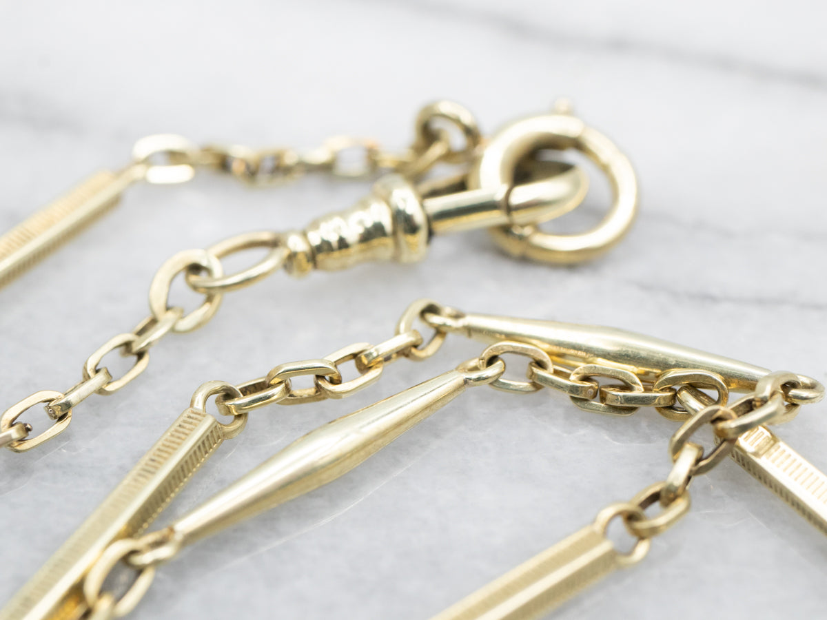 Yellow Gold Bar Link Watch Chain with Dog Clip Clasp