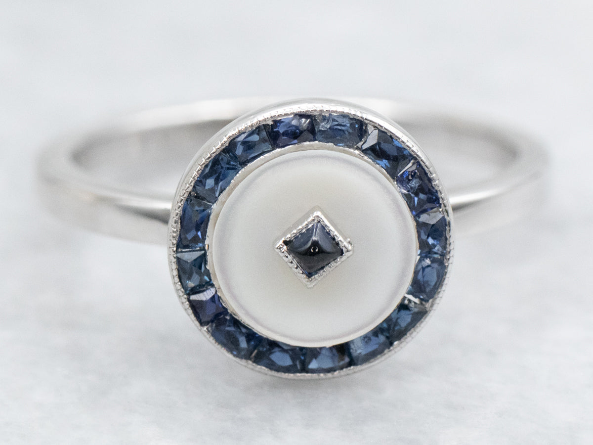 Platinum Mother of Pearl and Sapphire Halo Ring