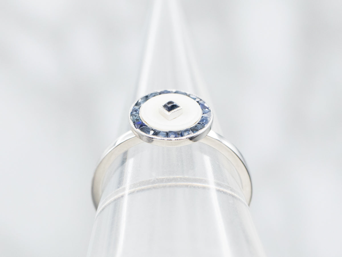 Platinum Mother of Pearl and Sapphire Halo Ring