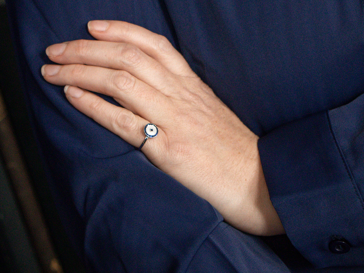 Platinum Mother of Pearl and Sapphire Halo Ring