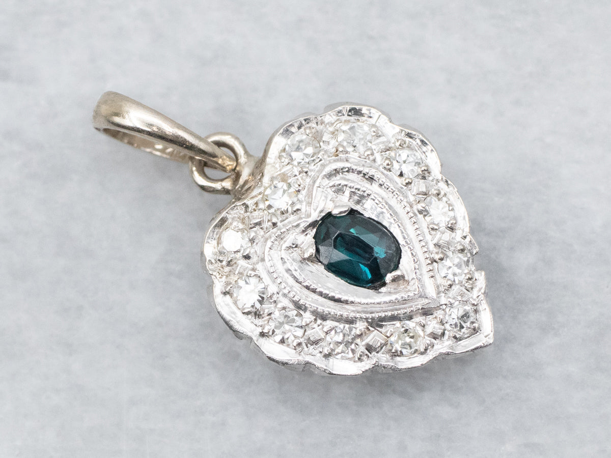 Sapphire Cabochon and Diamond Scalloped Heart Pendant