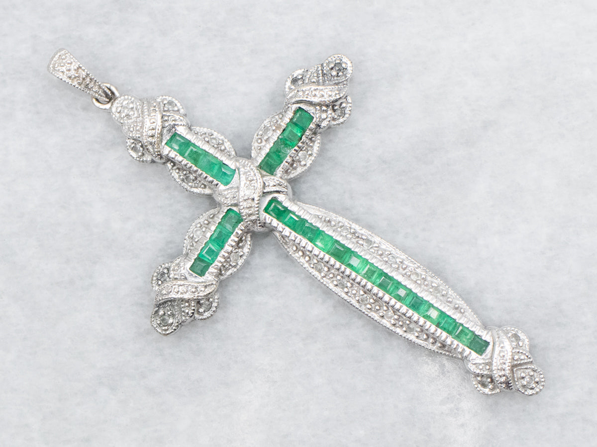Polished Gold Emerald and Diamond Cross Pendant