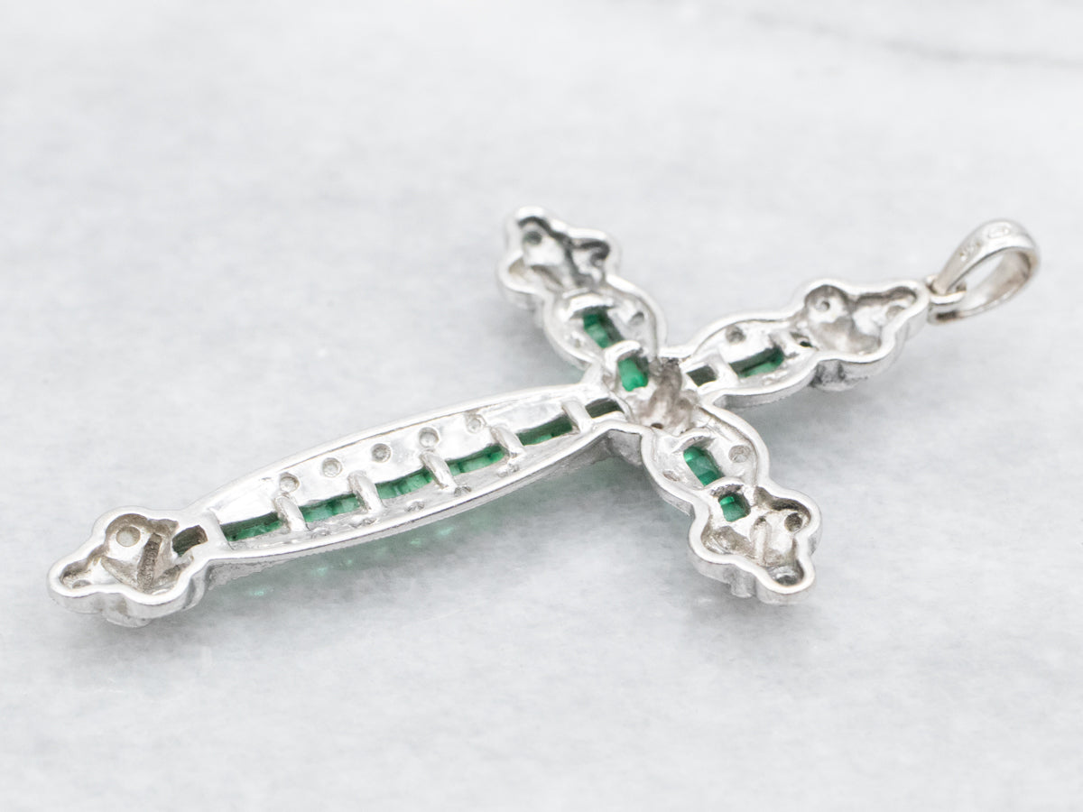 Polished Gold Emerald and Diamond Cross Pendant