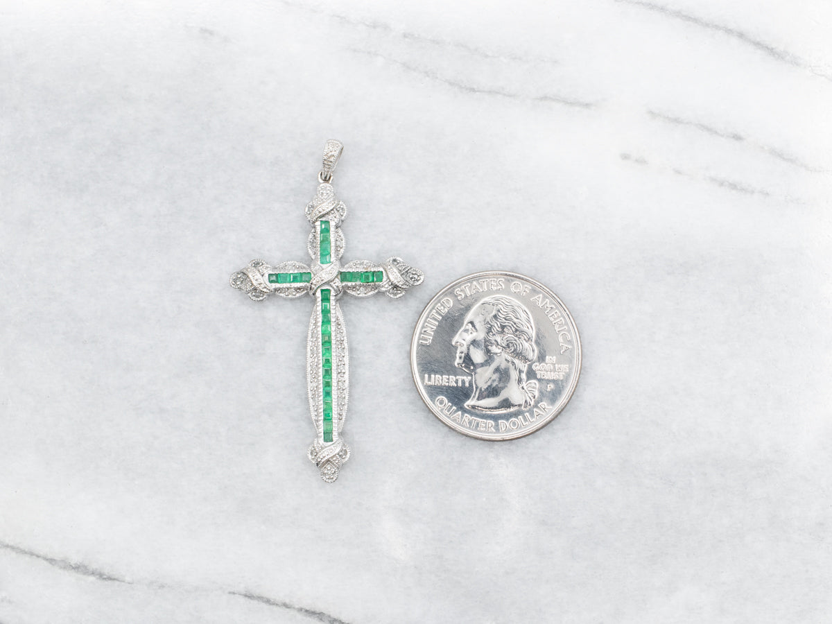Polished Gold Emerald and Diamond Cross Pendant