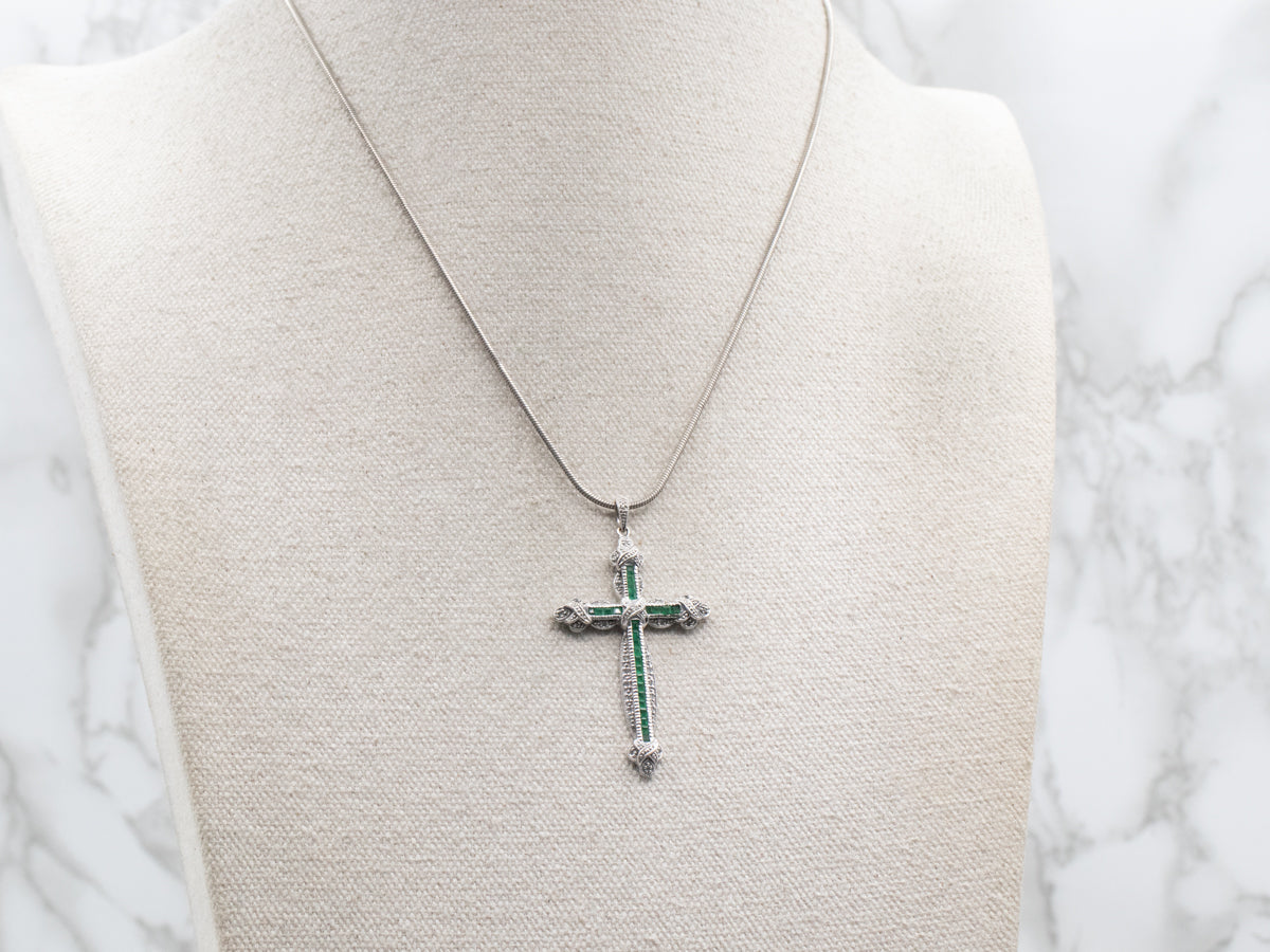 Polished Gold Emerald and Diamond Cross Pendant