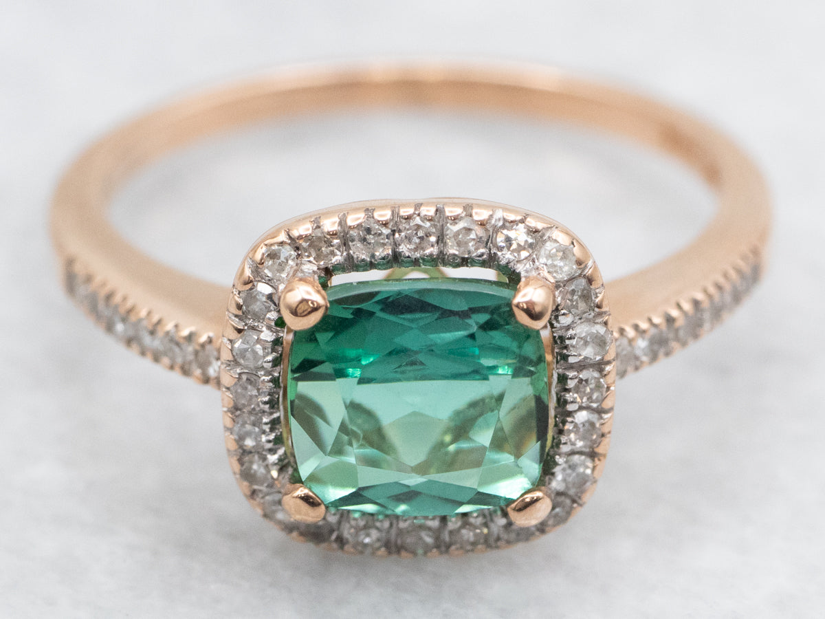 Modern Indicolite Tourmaline and Diamond Halo Ring