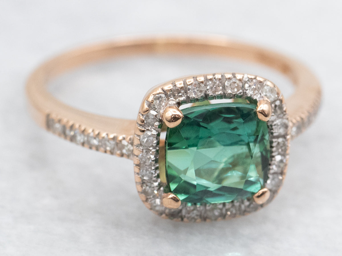 Modern Indicolite Tourmaline and Diamond Halo Ring