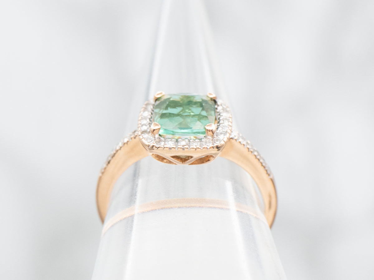 Modern Indicolite Tourmaline and Diamond Halo Ring