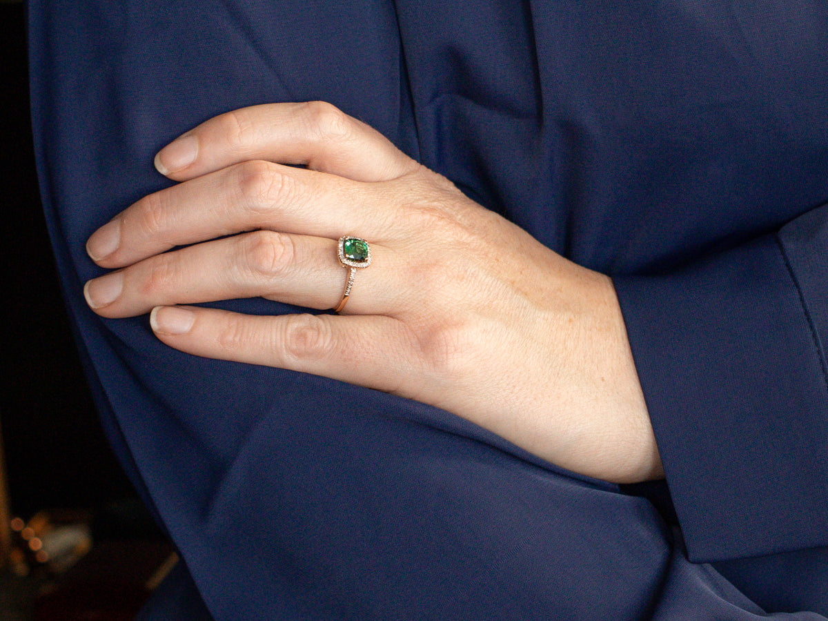 Modern Indicolite Tourmaline and Diamond Halo Ring