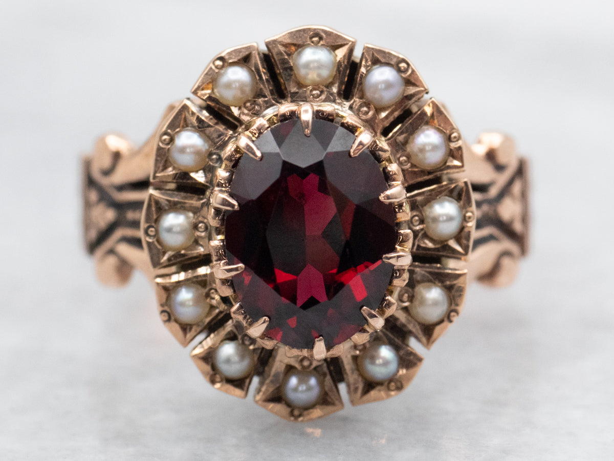 Victorian Garnet Ring with Seed Pearl Halo