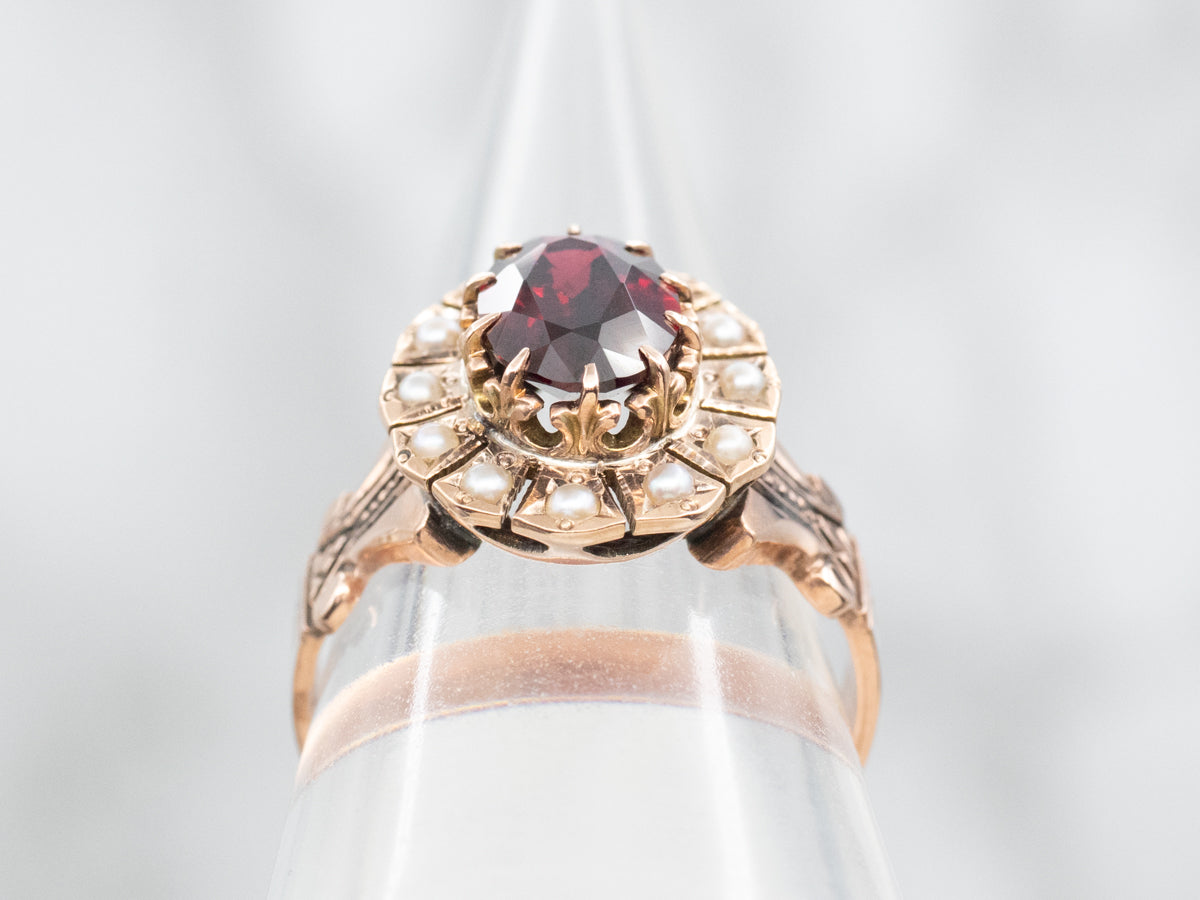 Victorian Garnet Ring with Seed Pearl Halo