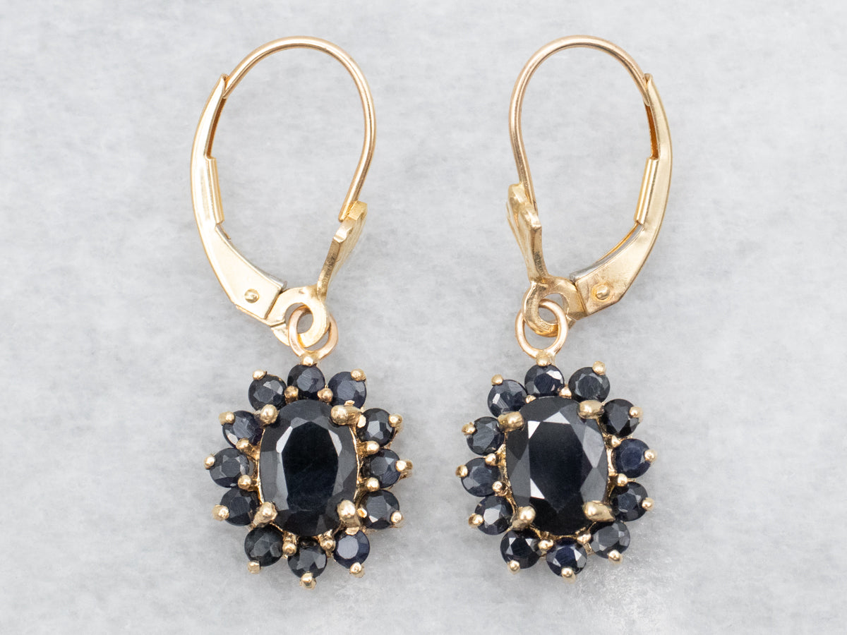 Yellow Gold Sapphire Halo Drop Earrings