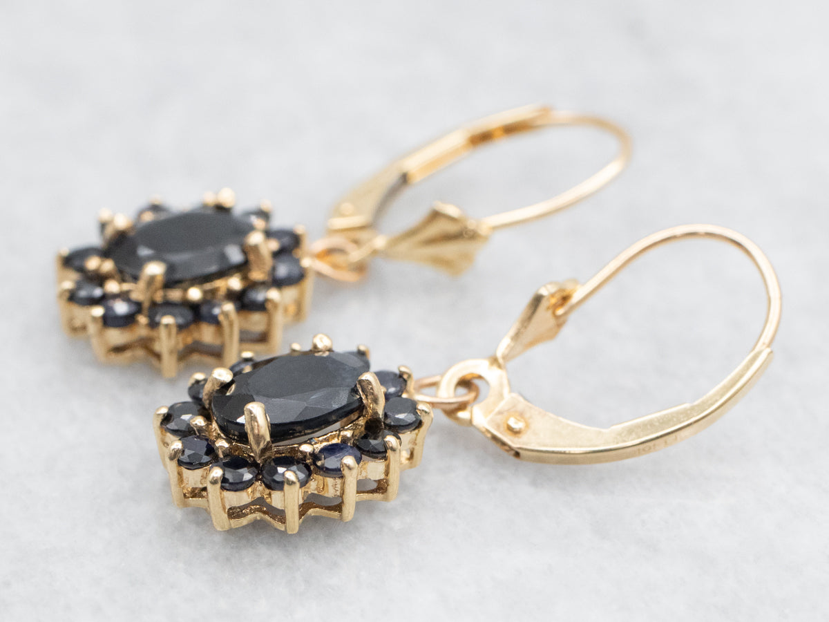 Yellow Gold Sapphire Halo Drop Earrings