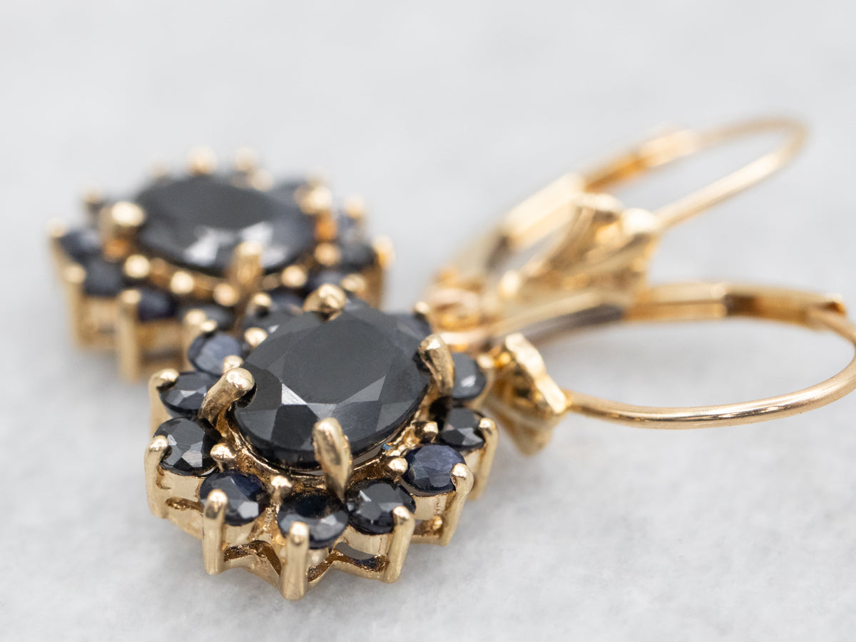 Yellow Gold Sapphire Halo Drop Earrings