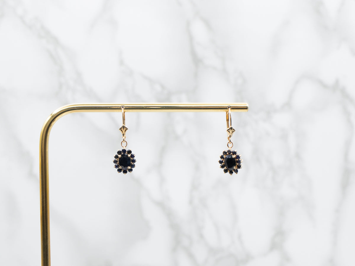 Yellow Gold Sapphire Halo Drop Earrings