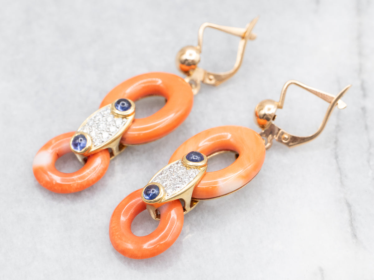 Coral, Sapphire Cabochon, and Diamond Drop Earrings