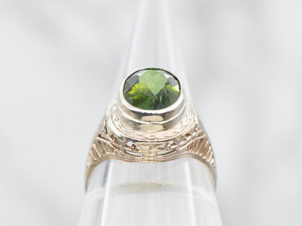 Art Deco Bezel Set Green Tourmaline Solitaire Ring