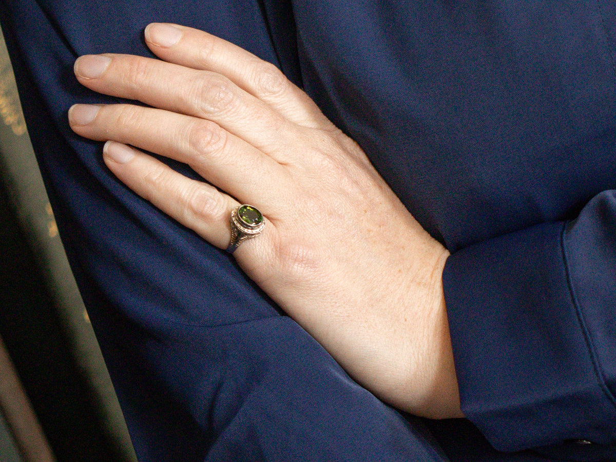 Art Deco Bezel Set Green Tourmaline Solitaire Ring