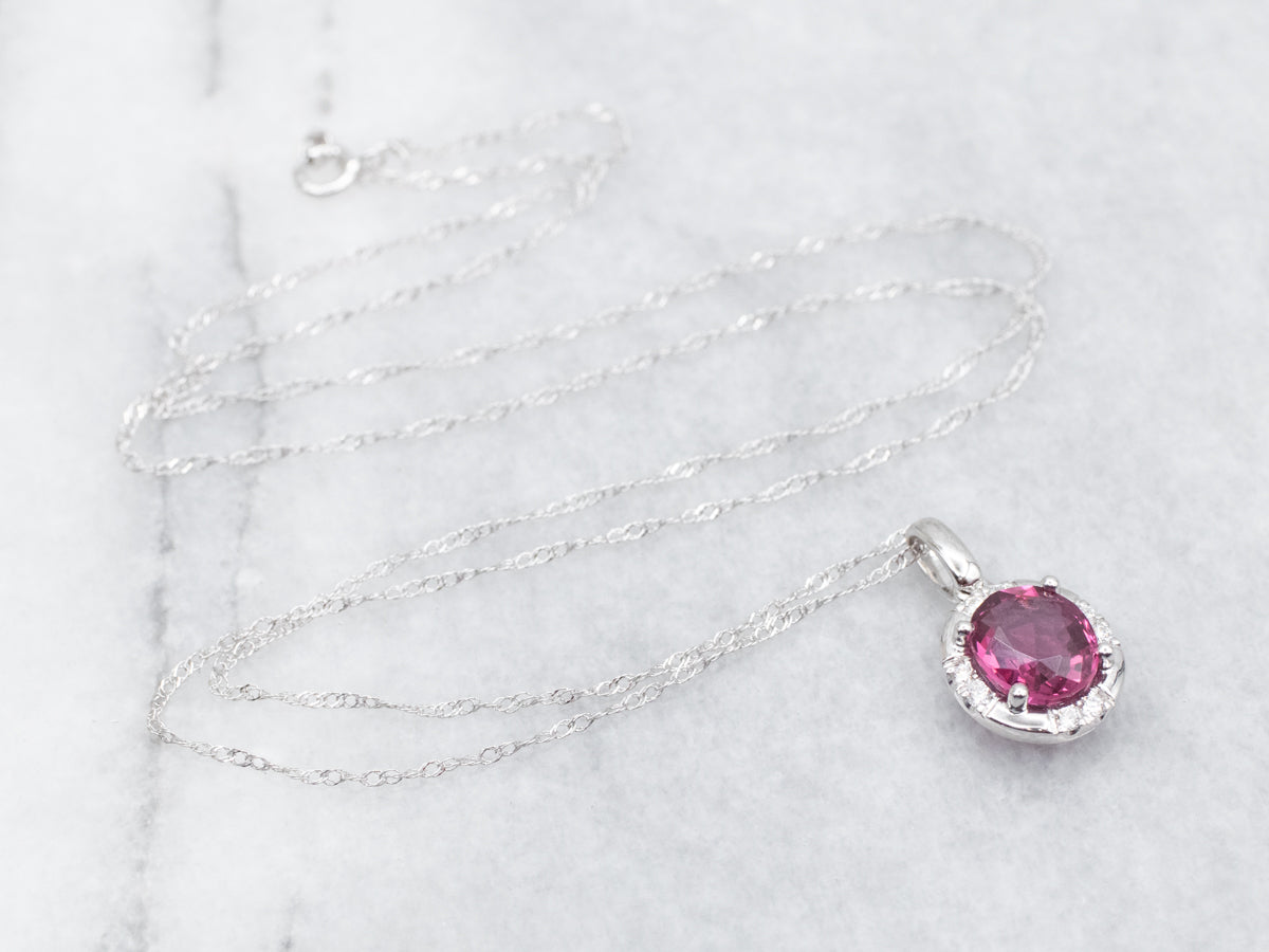 White Gold Pink Spinel Halo Pendant Necklace