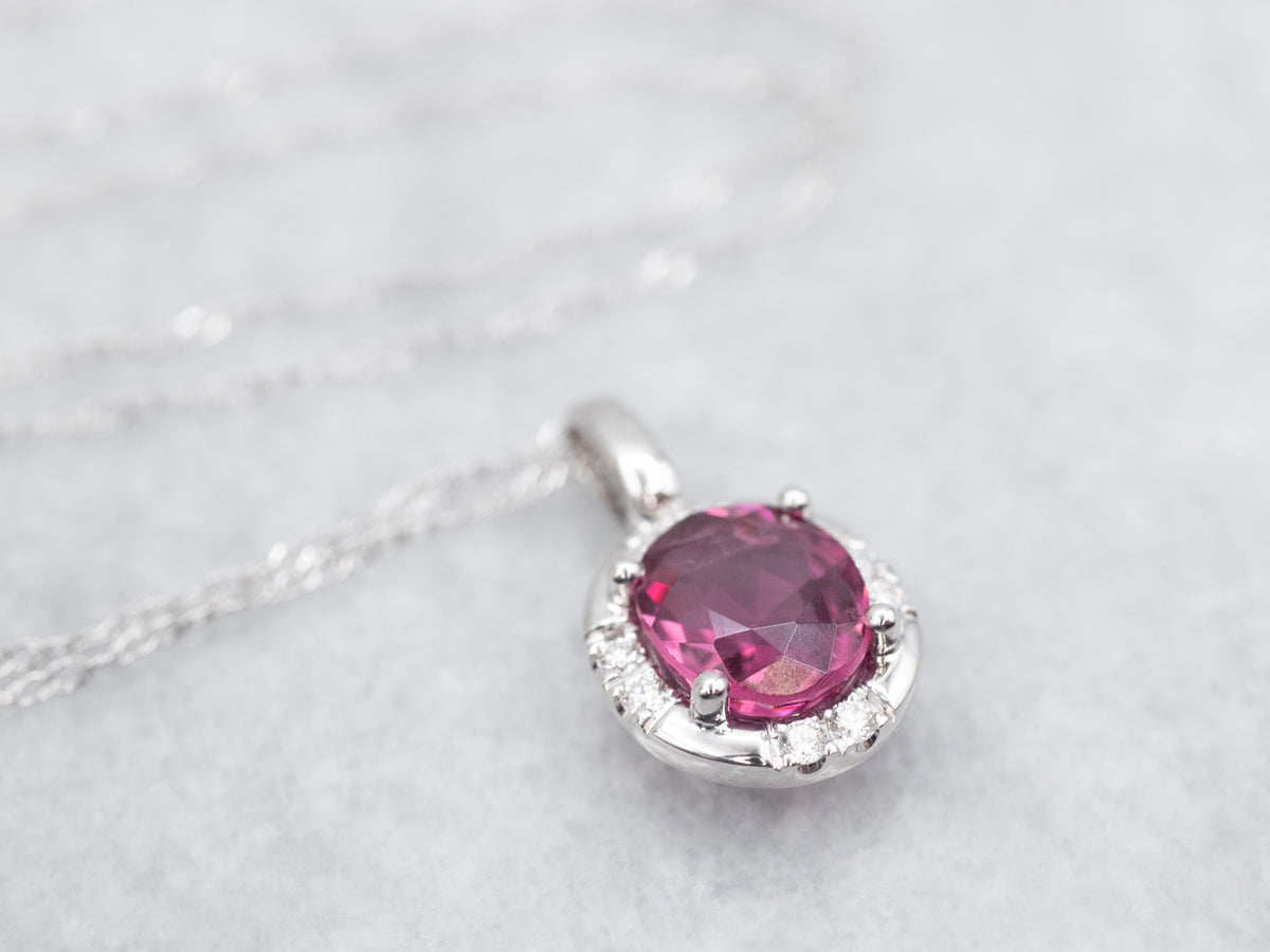 White Gold Pink Spinel Halo Pendant Necklace