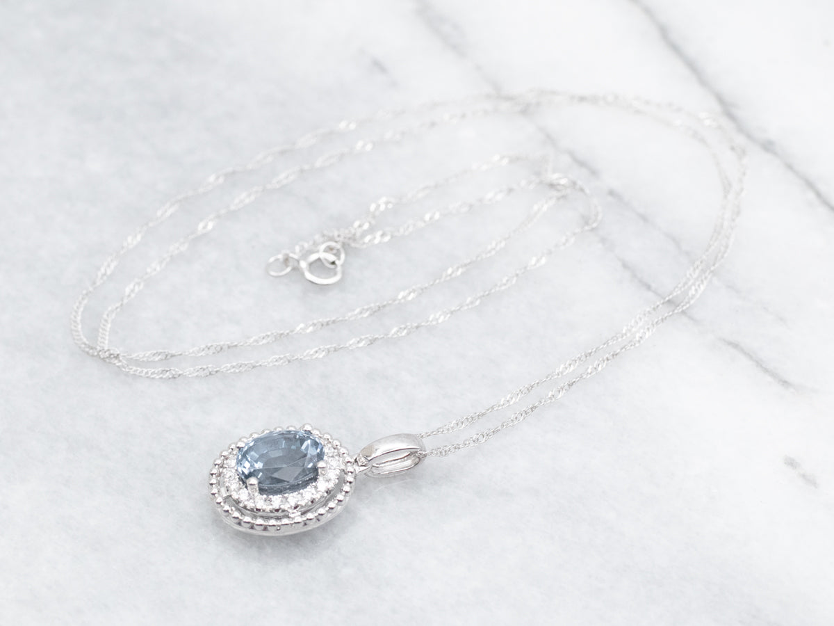 White Gold Spinel Diamond Halo Pendant Necklace