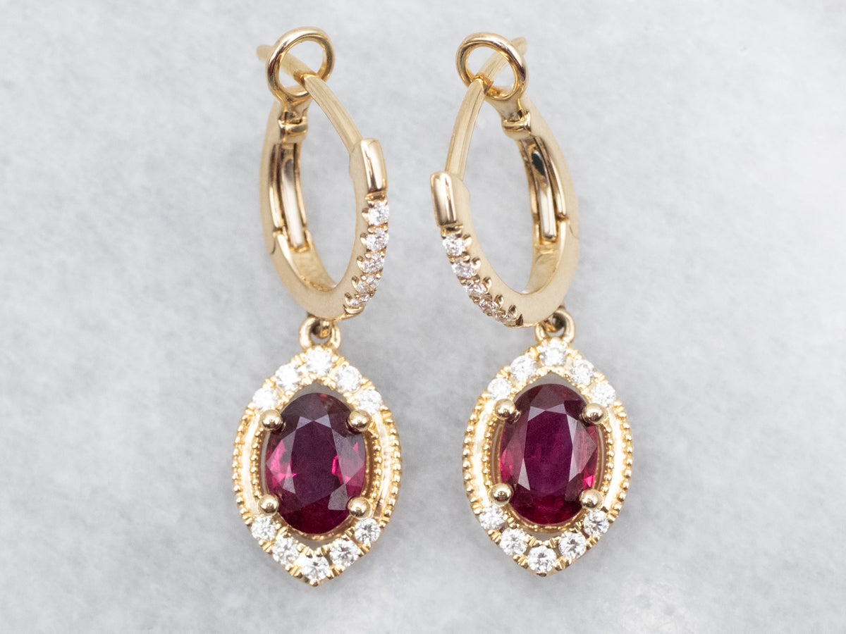 Polished Gold Ruby and Diamond Drop Earrings