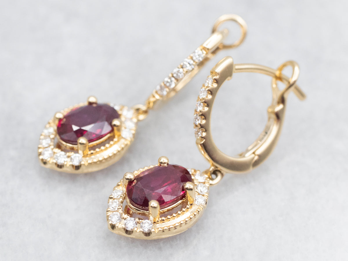 Polished Gold Ruby and Diamond Drop Earrings