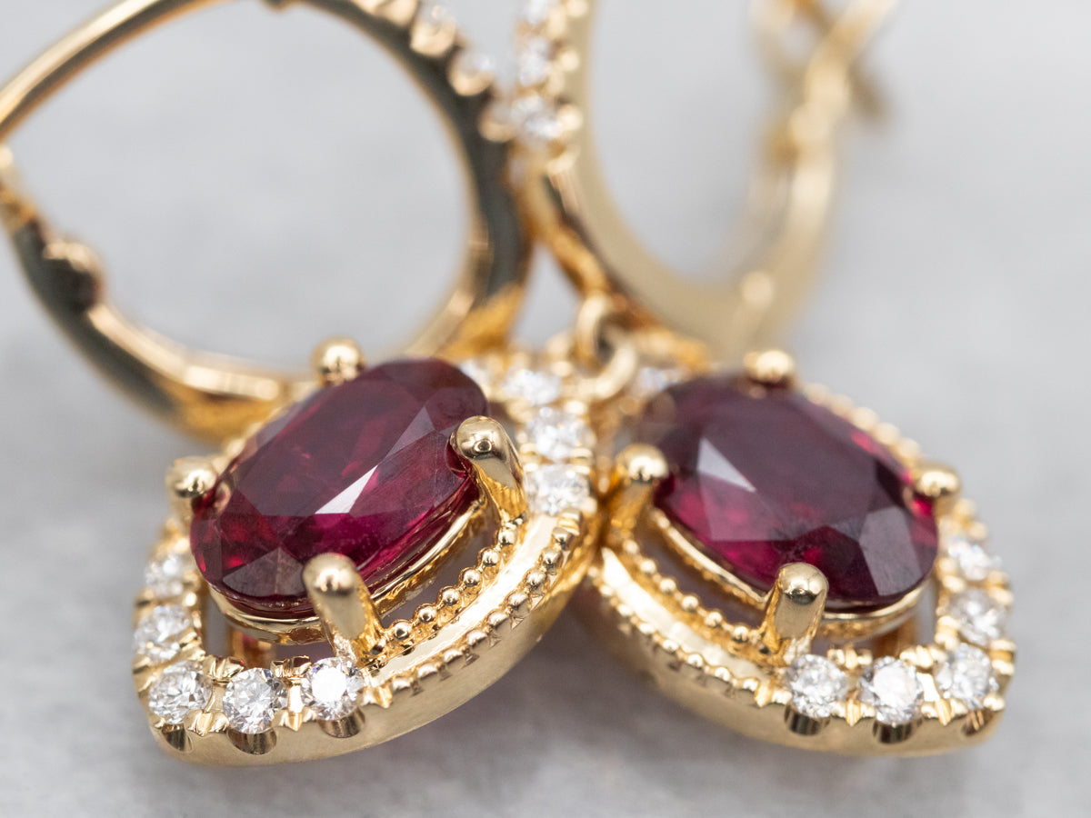 Polished Gold Ruby and Diamond Drop Earrings