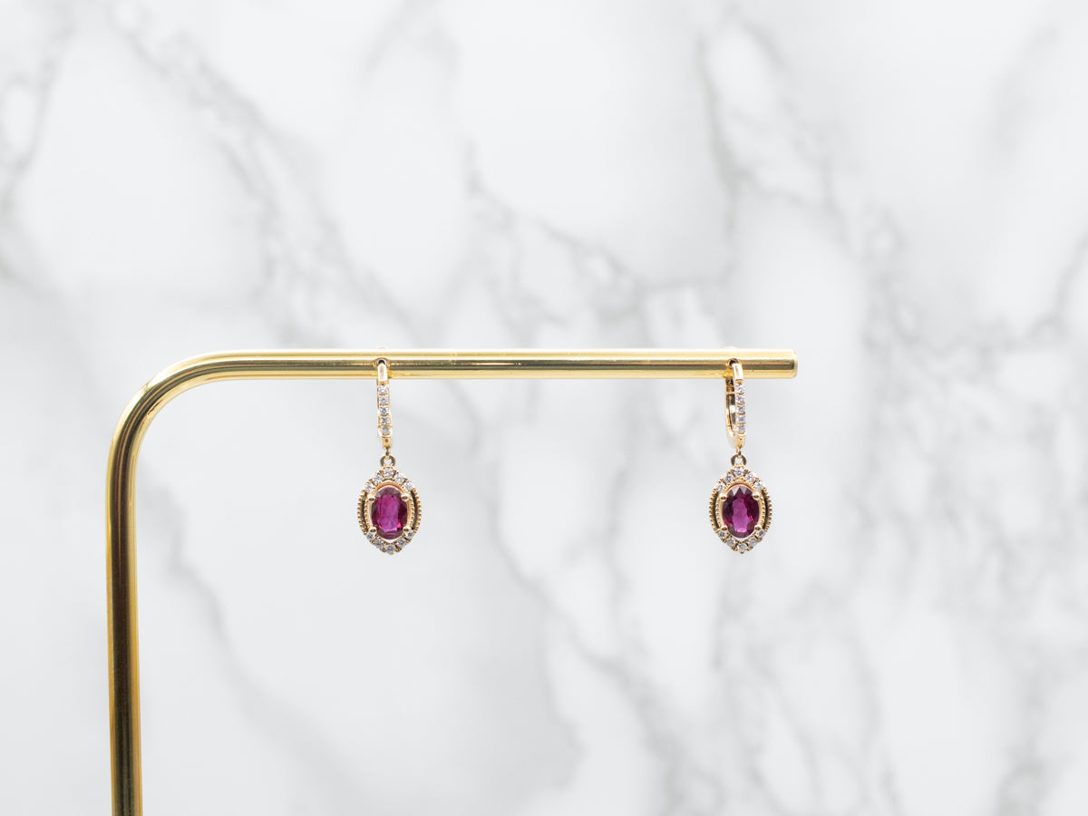 Polished Gold Ruby and Diamond Drop Earrings