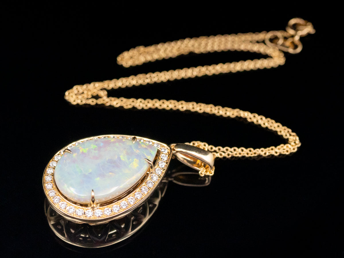 Modern Teardrop Opal Halo Pendant Necklace