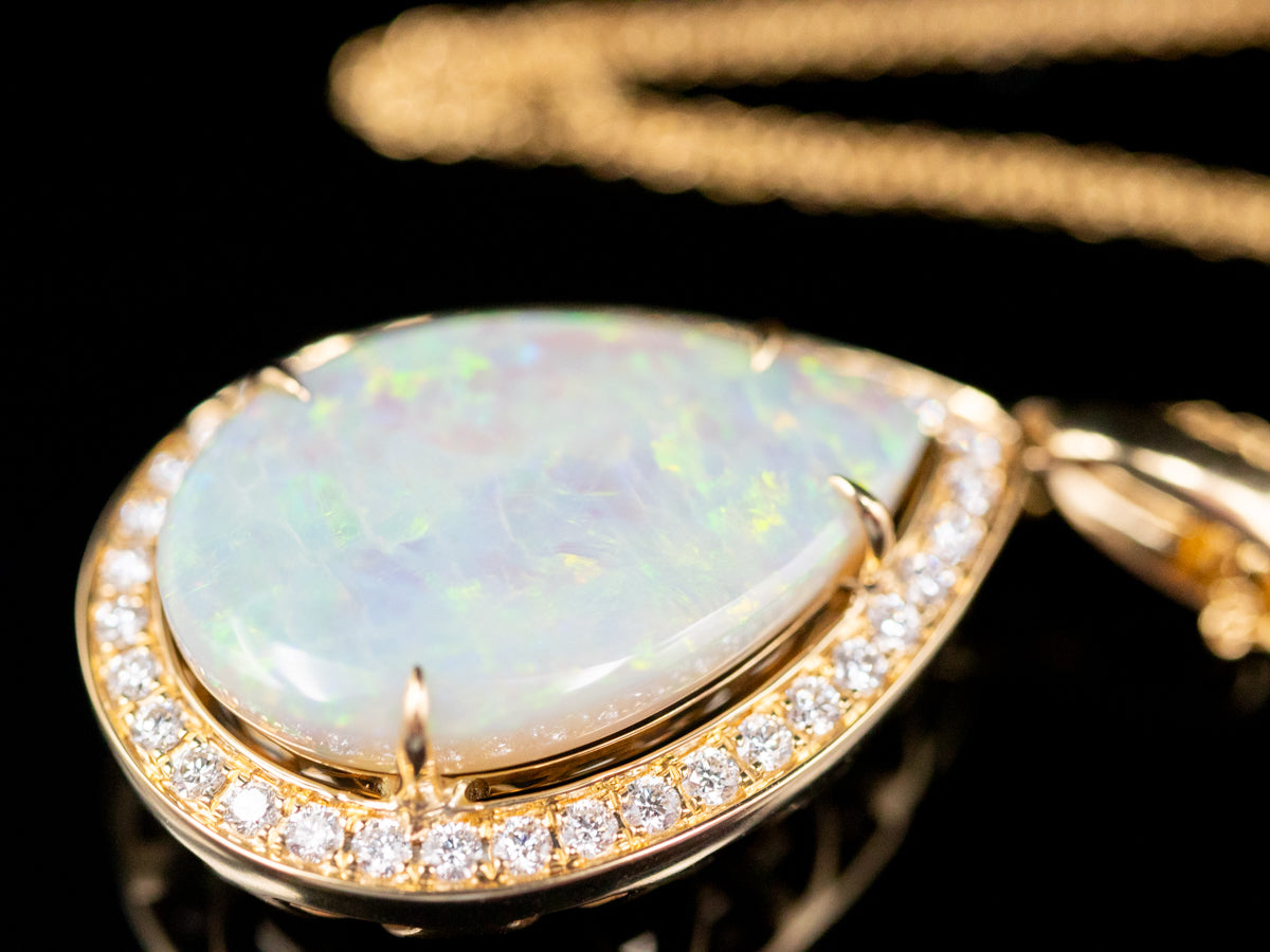 Modern Teardrop Opal Halo Pendant Necklace